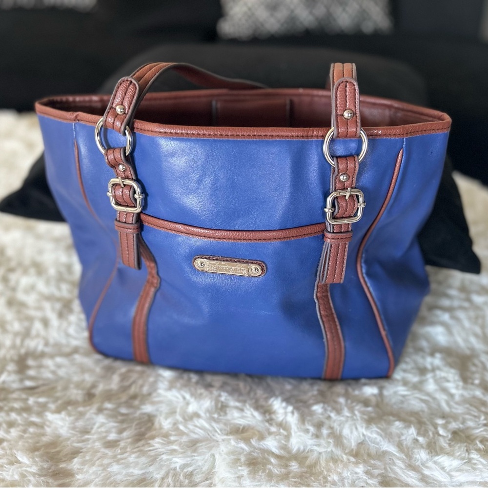 Franco Sarto, navy blue and brown tote bag, shoulder pocketbook logo, large size